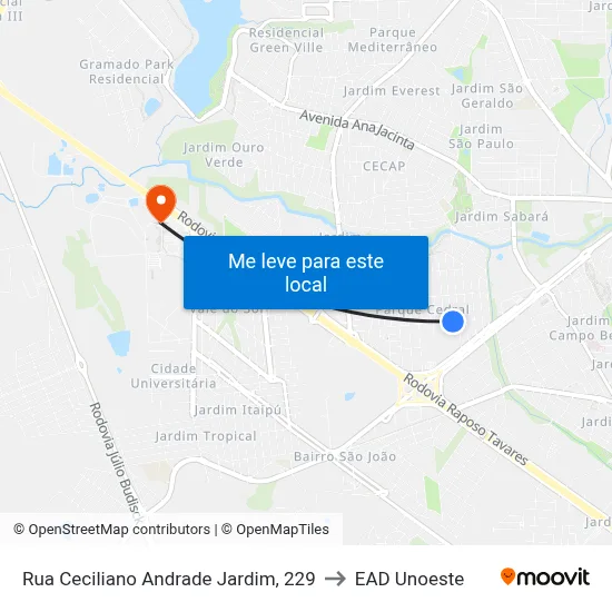 Rua Ceciliano Andrade Jardim, 229 to EAD Unoeste map