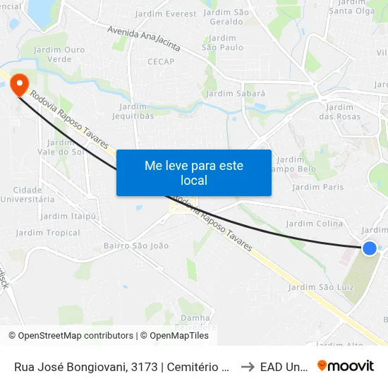 Rua José Bongiovani, 3173 | Cemitério São João Batista to EAD Unoeste map