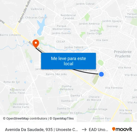 Avenida Da Saudade, 935 | Unoeste Campus 1 to EAD Unoeste map
