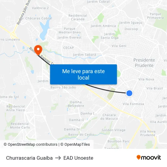 Churrascaria Guaíba to EAD Unoeste map