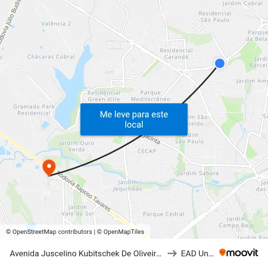 Avenida Juscelino Kubitschek De Oliveira Presidente, 4045 to EAD Unoeste map