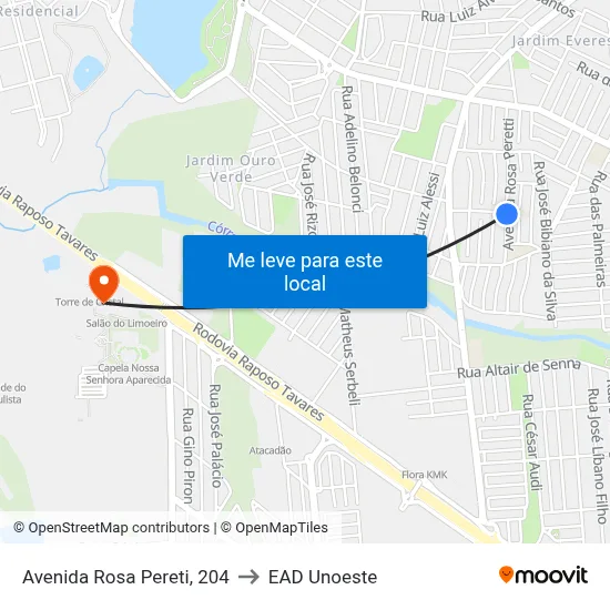 Avenida Rosa Pereti, 204 to EAD Unoeste map