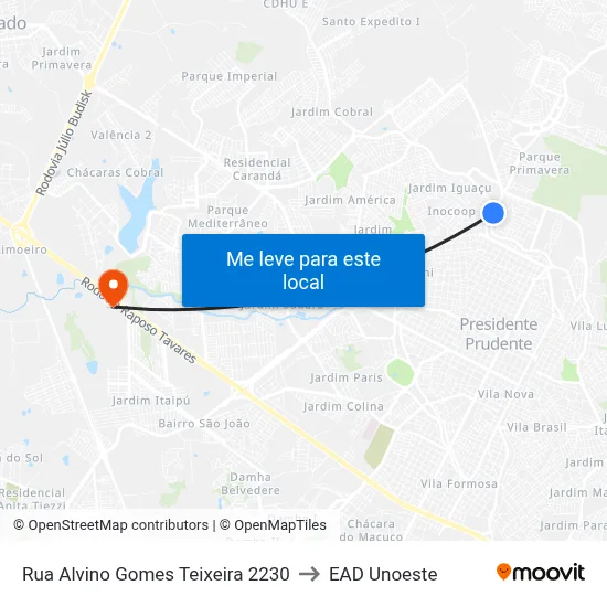 Rua Alvino Gomes Teixeira 2230 to EAD Unoeste map