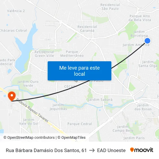 Rua Bárbara Damásio Dos Santos, 61 to EAD Unoeste map