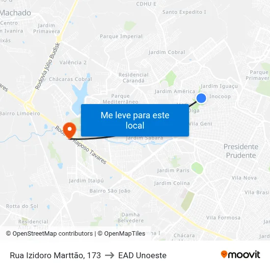 Rua Izidoro Marttão, 173 to EAD Unoeste map