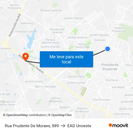 Rua Prudente De Moraes, 889 to EAD Unoeste map