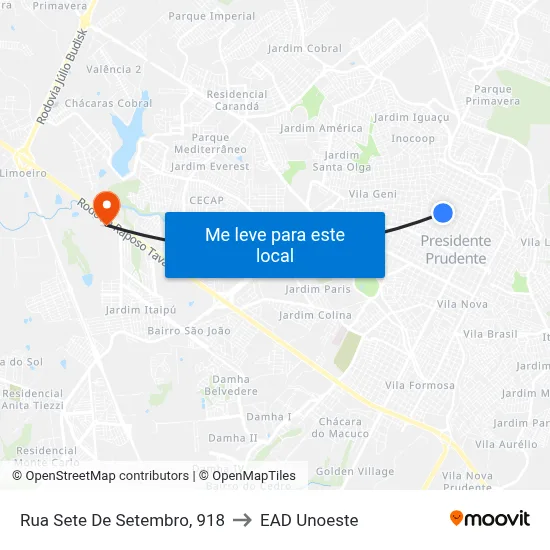 Rua Sete De Setembro, 918 to EAD Unoeste map