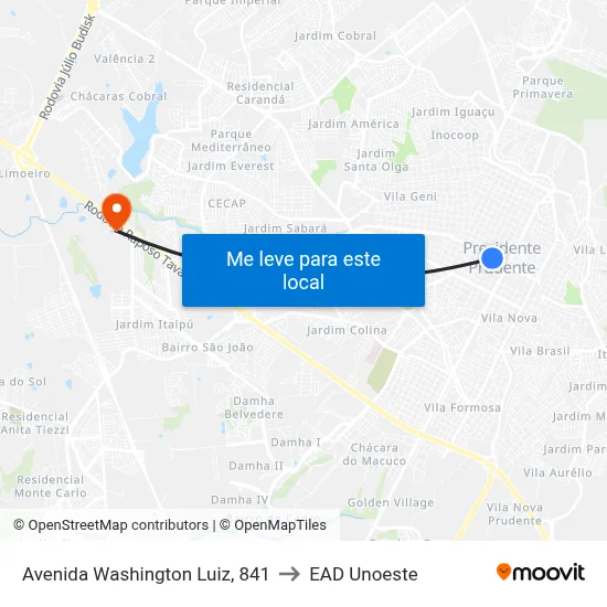 Avenida Washington Luiz, 841 to EAD Unoeste map
