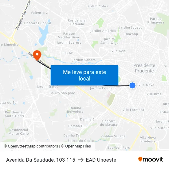 Avenida Da Saudade, 103-115 to EAD Unoeste map