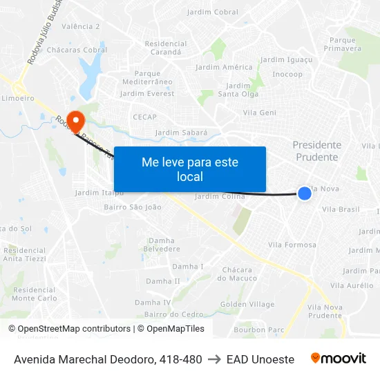 Avenida Marechal Deodoro, 418-480 to EAD Unoeste map