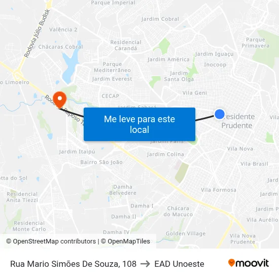 Rua Mario Simões De Souza, 108 to EAD Unoeste map