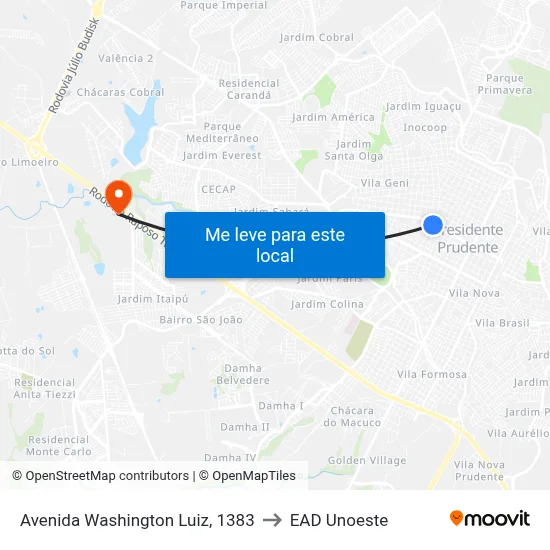 Avenida Washington Luiz, 1383 to EAD Unoeste map