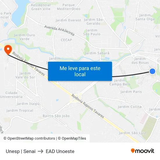 Unesp | Senai to EAD Unoeste map