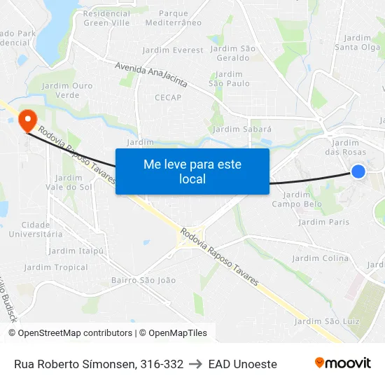 Rua Roberto Símonsen, 316-332 to EAD Unoeste map