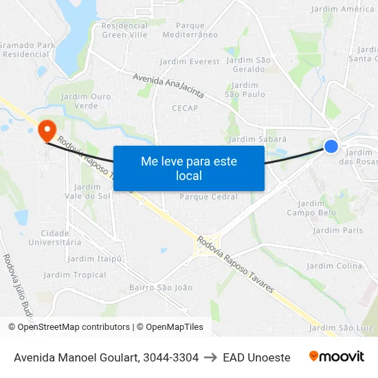 Avenida Manoel Goulart, 3044-3304 to EAD Unoeste map