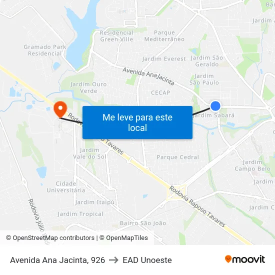Avenida Ana Jacinta, 926 to EAD Unoeste map