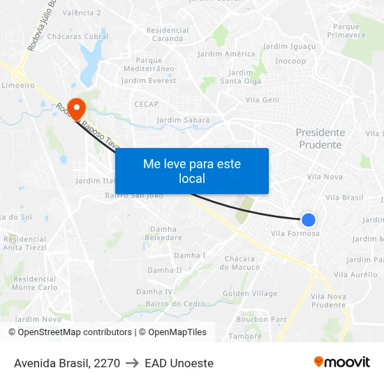 Avenida Brasil, 2270 to EAD Unoeste map