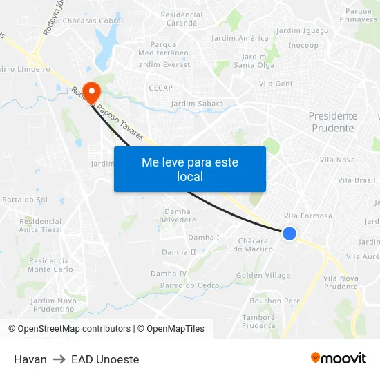 Havan to EAD Unoeste map