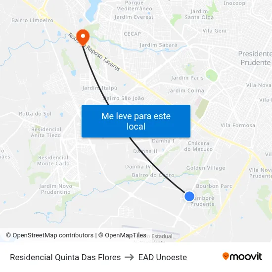 Residencial Quinta Das Flores to EAD Unoeste map