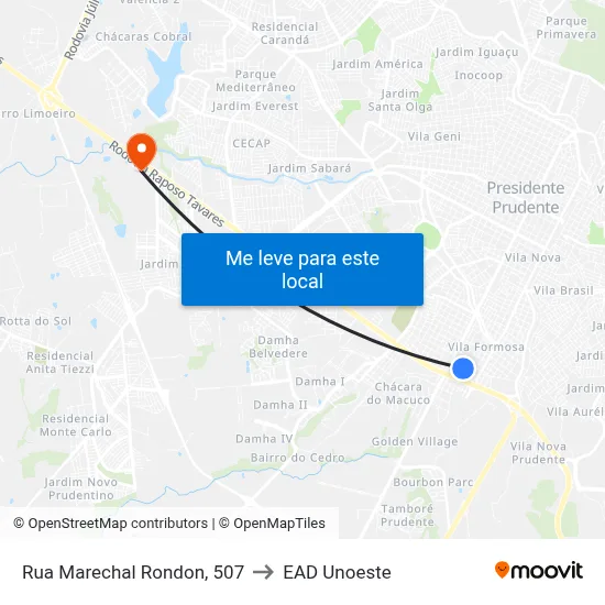 Rua Marechal Rondon, 507 to EAD Unoeste map