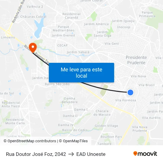 Rua Doutor José Foz, 2042 to EAD Unoeste map