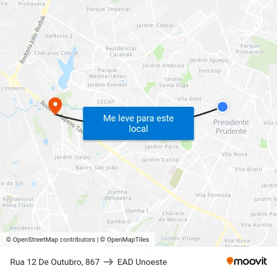 Rua 12 De Outubro, 867 to EAD Unoeste map