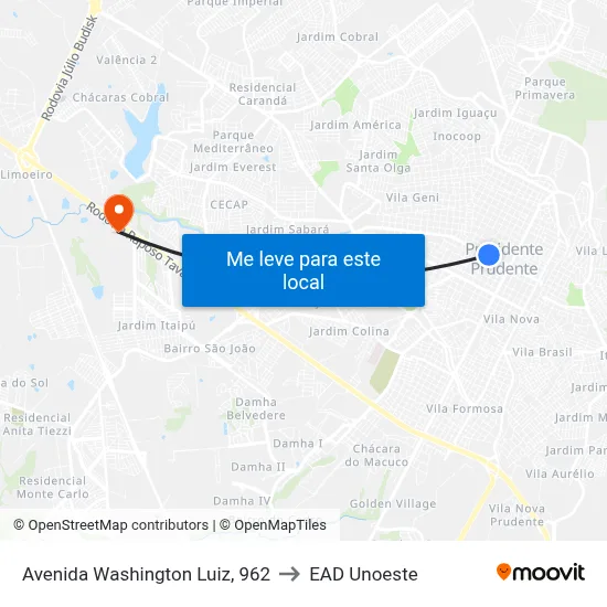 Avenida Washington Luiz, 962 to EAD Unoeste map