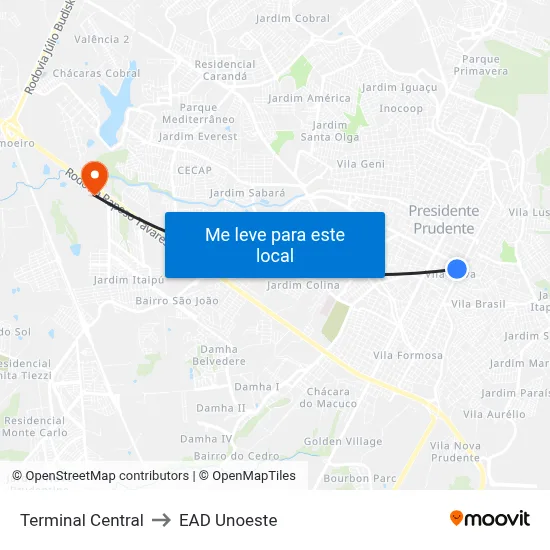Terminal Central to EAD Unoeste map