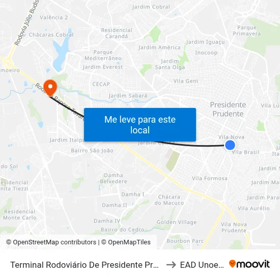 Terminal Rodoviário De Presidente Prudente to EAD Unoeste map