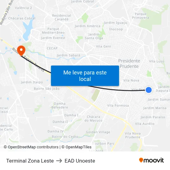Terminal Zona Leste to EAD Unoeste map