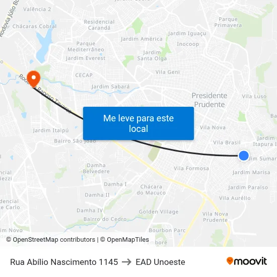 Rua Abílio Nascimento 1145 to EAD Unoeste map