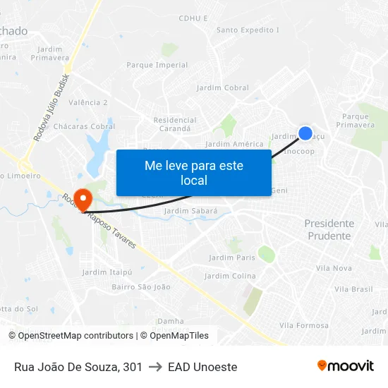Rua João De Souza, 301 to EAD Unoeste map