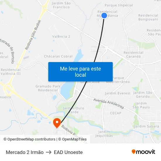 Mercado 2 Irmão to EAD Unoeste map