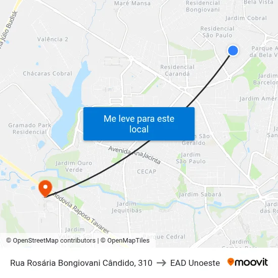 Rua Rosária Bongiovani Cândido, 310 to EAD Unoeste map