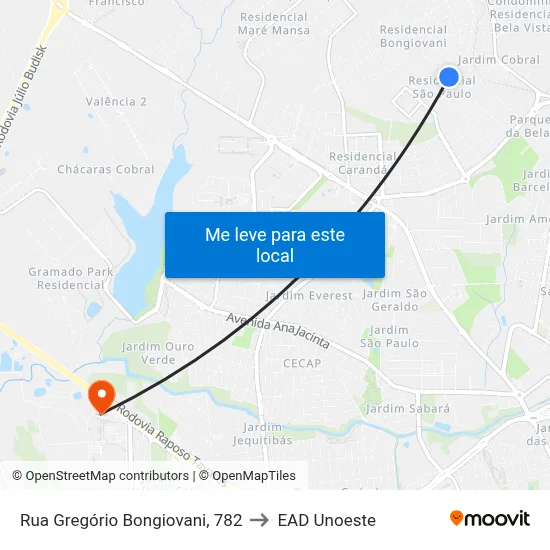 Rua Gregório Bongiovani, 782 to EAD Unoeste map