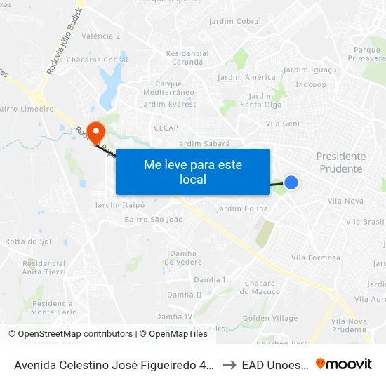 Avenida Celestino José Figueiredo 499 to EAD Unoeste map