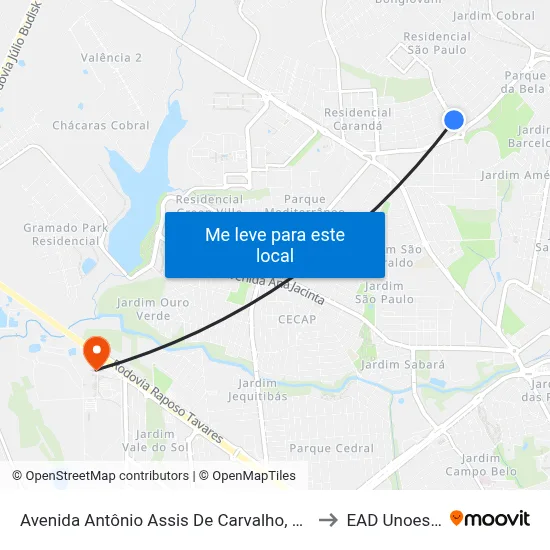Avenida Antônio Assis De Carvalho, 148 to EAD Unoeste map