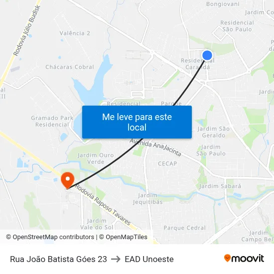 Rua João Batista Góes 23 to EAD Unoeste map