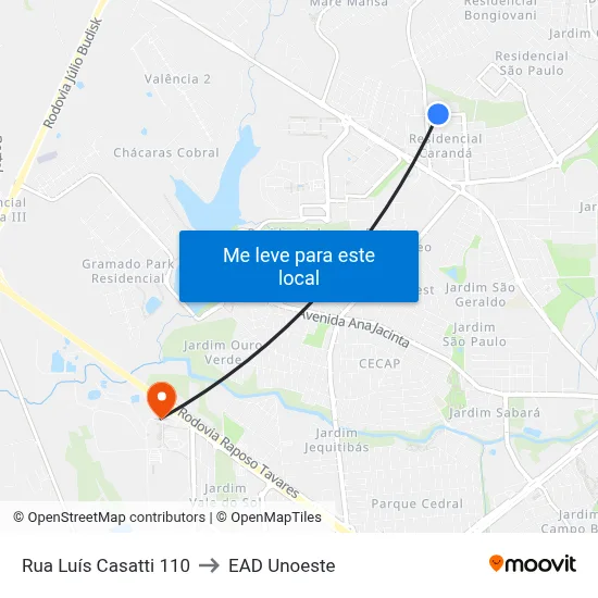 Rua Luís Casatti 110 to EAD Unoeste map