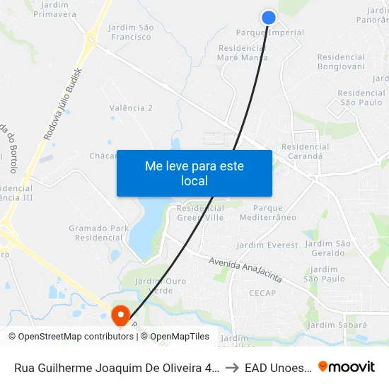 Rua Guilherme Joaquim De Oliveira 496 to EAD Unoeste map