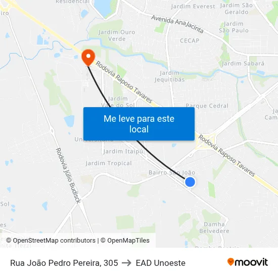 Rua João Pedro Pereira, 305 to EAD Unoeste map