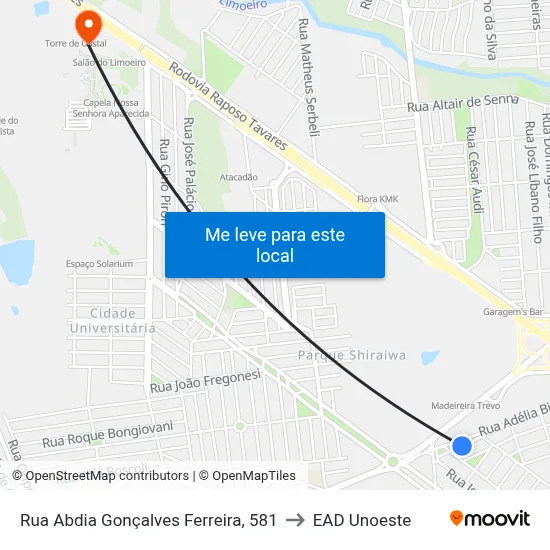 Rua Abdia Gonçalves Ferreira, 581 to EAD Unoeste map