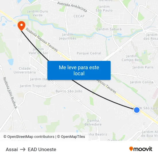 Assaí to EAD Unoeste map