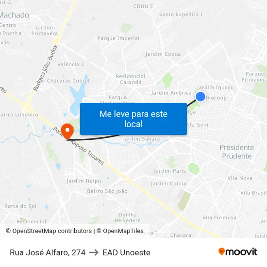 Rua José Alfaro, 274 to EAD Unoeste map