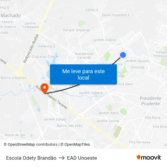 Escola Odety Brandão to EAD Unoeste map