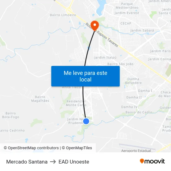 Mercado Santana to EAD Unoeste map