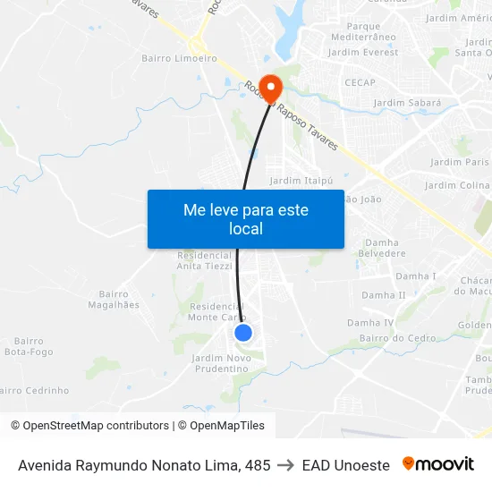 Avenida Raymundo Nonato Lima, 485 to EAD Unoeste map