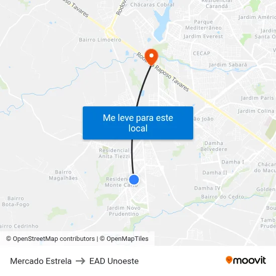 Mercado Estrela to EAD Unoeste map