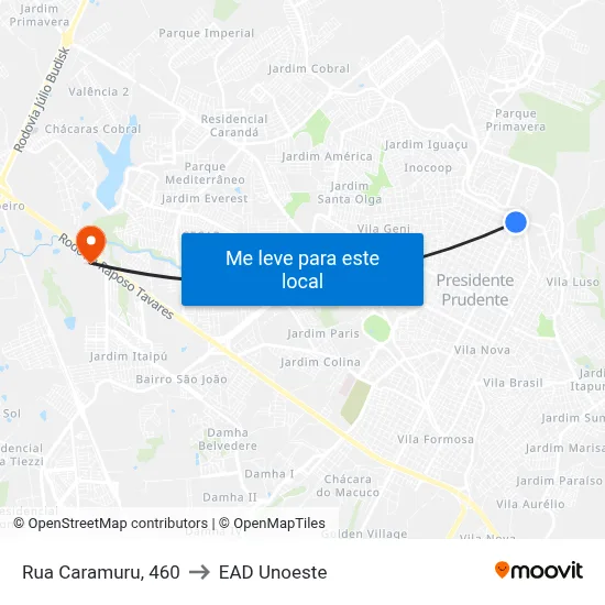 Rua Caramuru, 460 to EAD Unoeste map