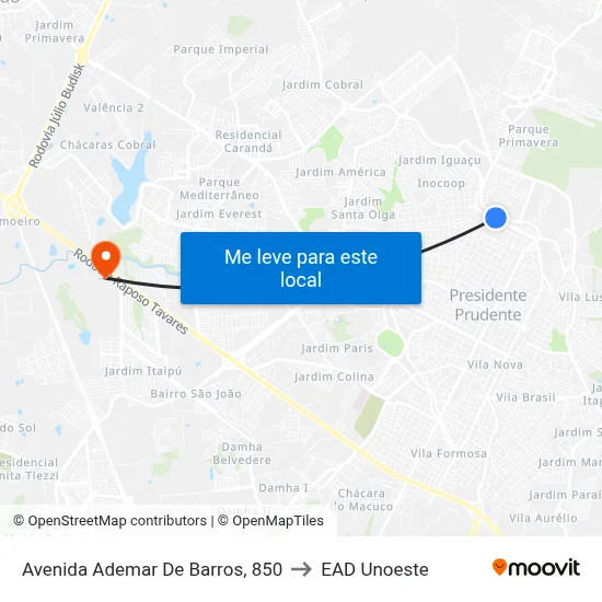 Avenida Ademar De Barros, 850 to EAD Unoeste map
